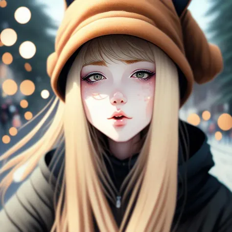 1girl, solo, long hair, looking at viewer, blonde hair, hat, animal ears, closed mouth, outdoors, day, hood, bokeh, lips, blurry background, portrait, freckles, realistic, nose, beanie