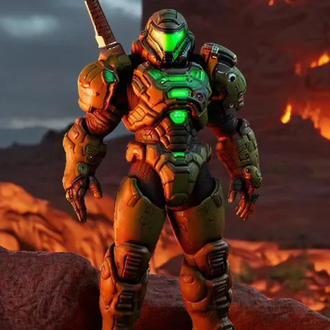 medium shot of the doomslayer standing in a hellish landscape, facing the camera, photorealistic octane render, intense