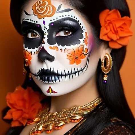 woman in day of the dead makeup, dia de los muertos, gold seashell earrings, orange flower in her hair, beautiful