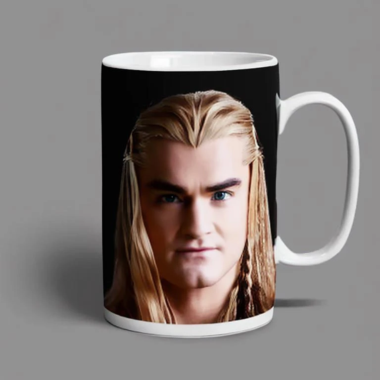 a coffee mug with a photo of legolas on it, solid grey background, product photo