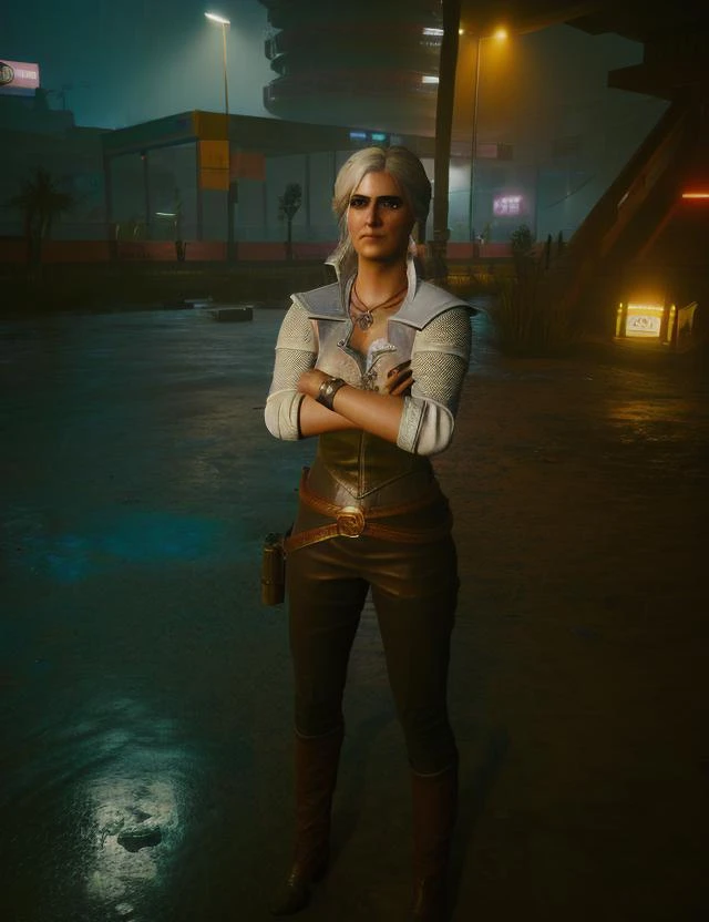 medium shot of ciri riannon with her arms crossed standing in nighty city, screenshot from cyberpunk 2077, rainy night, wet streets