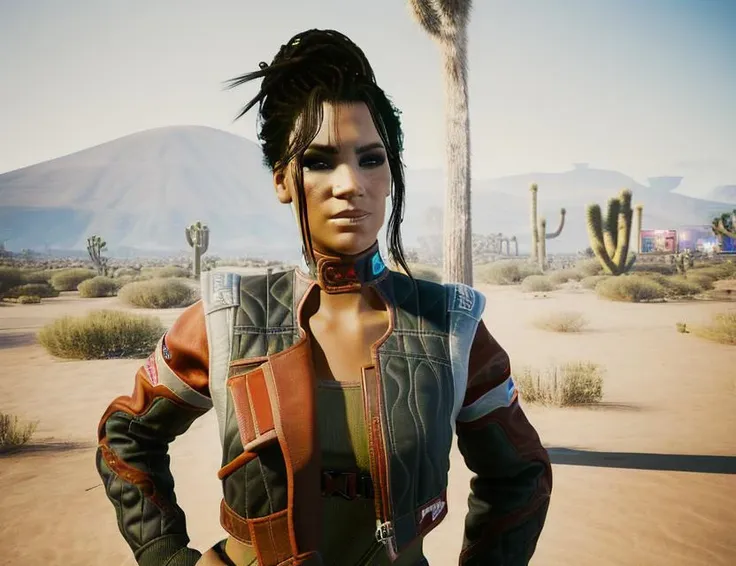 medium shot of close up of panam palmer standing with one hand on her hip in a desert output, screenshot from cyberpunk 2077, daytime