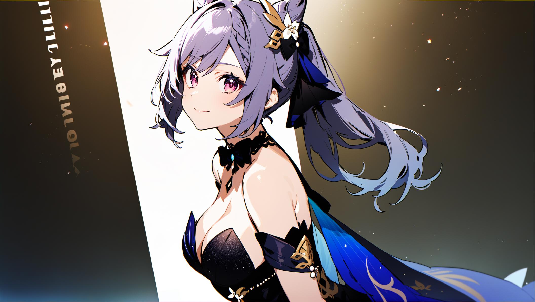 Anime girl with long hair and a blue dress standing in front of a wall ...