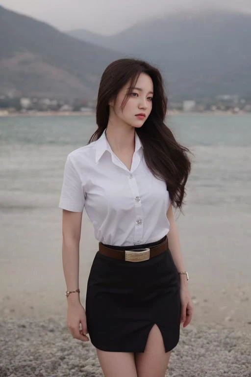4k, 8k, ultra highres, raw photo in hdr, sharp focus, intricate texture, skin imperfections, realistic, detailed facial features, highly detailed face, posing,perfect lighting,long hair,black hair,makeup,standing,outside,petite,(mouth open),<lora:Hwajung1:0.7> Hwajung1, <lora:mahalaiuniform:0.7> mahalaiuniform,white shirt short sleeves,black pencil skirt,belt,arms behind back