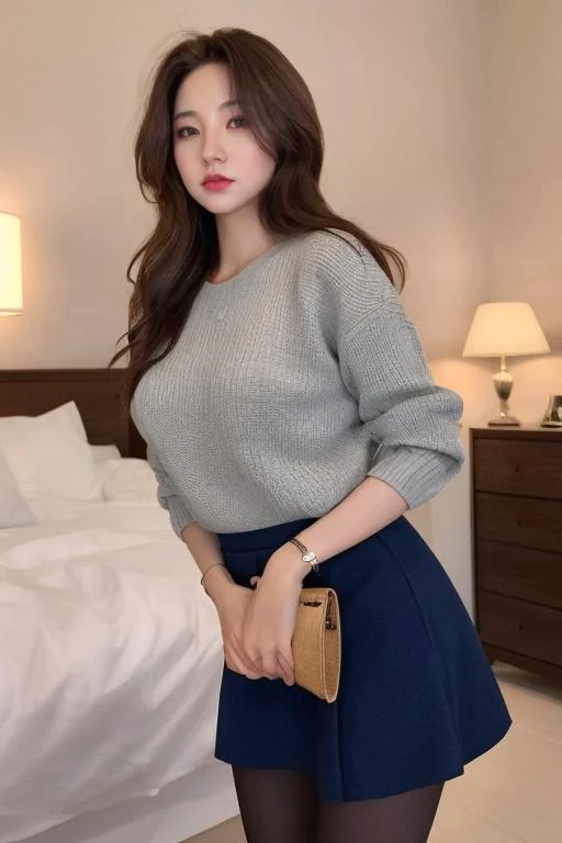 4k, 8k, ultra highres, raw photo in hdr, sharp focus, intricate texture, skin imperfections, realistic, detailed facial features, highly detailed face, posing,perfect lighting,long hair,brown hair,makeup,standing,leaning forward,hands on hips,in bedroom,pantyhose,petite,parted lips,sweater,skirt,<lora:Hwajung1:0.8> Hwajung1