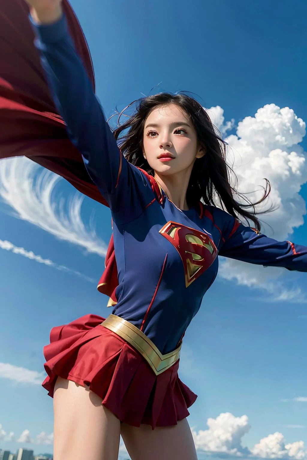 (Masterpiece), (best quality), capturing the perfect moment of a lone girl soaring through the sky in a Supergirl suit. Against a backdrop of vast azure skies, she exudes strength and grace as she glides effortlessly through the air. The wind whips through her hair as she propels forward, a symbol of freedom and power in flight, <lora:Cherprang-04:1>
