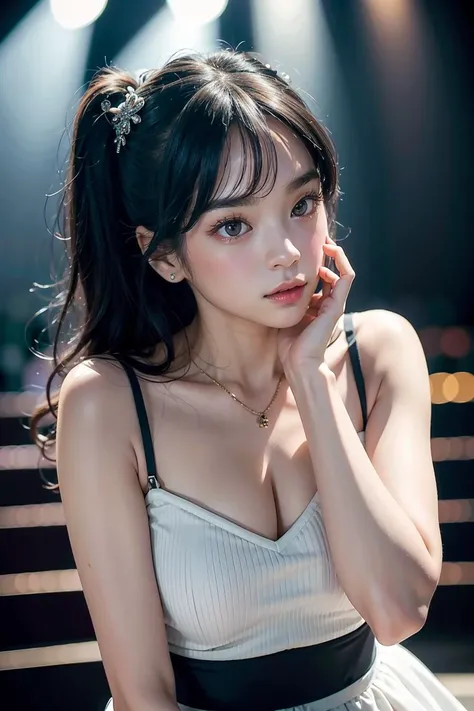 (masterpiece), best quality, perfect face, 1girl,  <lora:Cherprang-02:1>  on the stage, make eye contact, reaching hands,