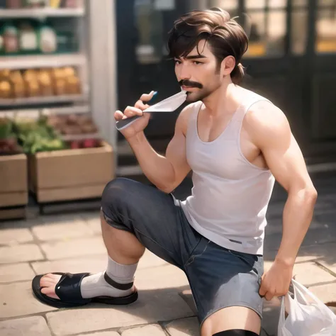 (masterpiece):1.4, best quality:1.2, bokeh, realistic:1.2, (detailed body, detailed face):1.2, 1man, mature, fat, solo, (mustache, brown hair, mullet:1.2), (holding plastic bag):1.2, (white tanktop), Czech, socksandals, socks with sandals, (setting: Czech village):1.5 <lora:socksandals:0.5>