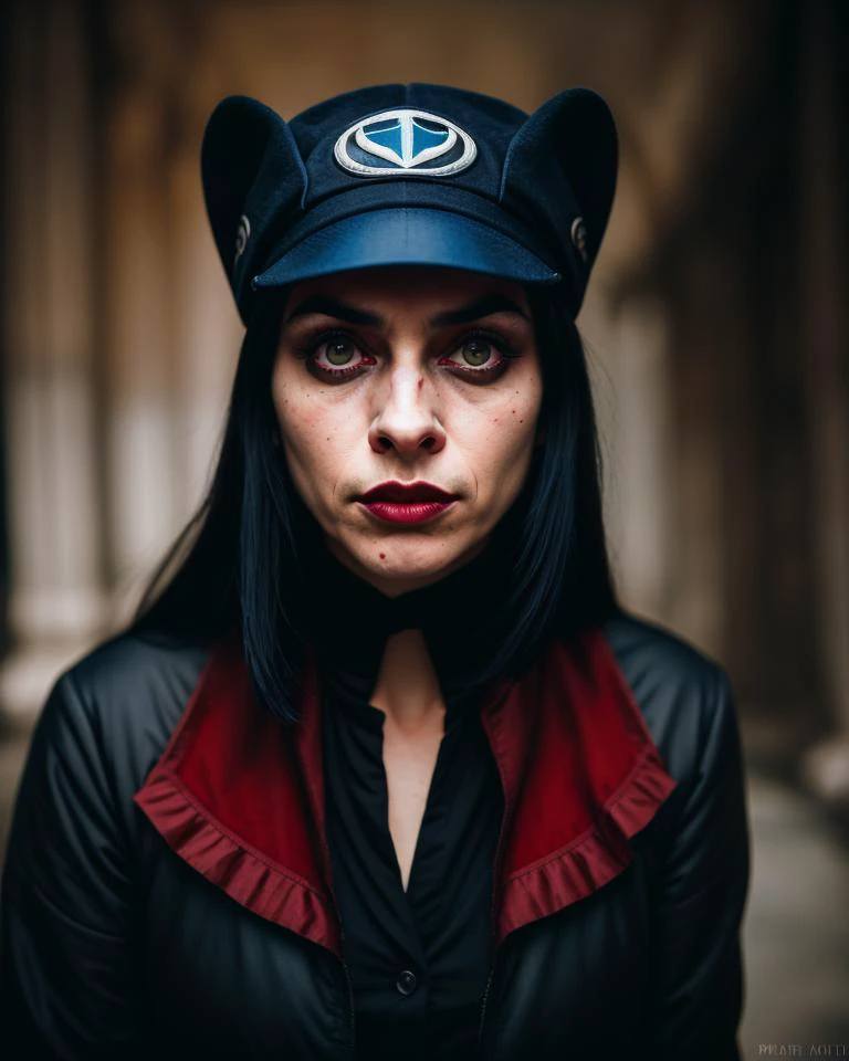 a close up of a woman wearing a hat and a black jacket