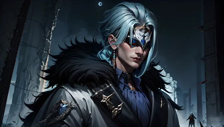 (masterpiece, top quality, best quality, official art, beautiful and aesthetic:1.2), (1boy - Seraphim), extreme detailed,colorful,highest detailed. (platinum fluffy hair, scars on the face in the middle and lip, heterochromia), (man, he/his/him), (hot man, muscular build, manly tired face)