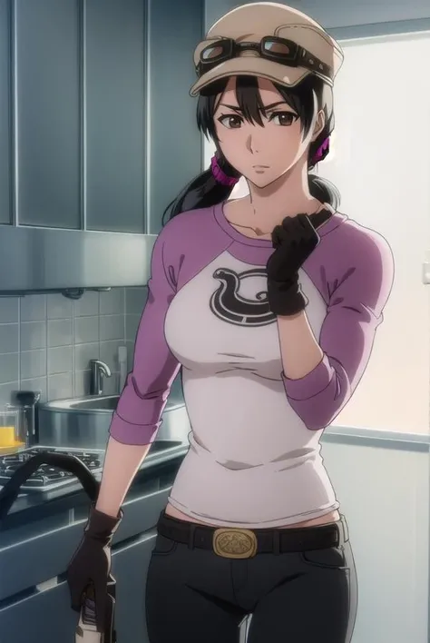 ikumiunagiya, <lora:ikumiunagiya-lora-nochekaiser:1>,
ikumi unagiya, long hair, (black hair:1.5), (brown eyes:1.5), ponytail, low ponytail,
BREAK gloves, hat, belt, pants, sunglasses, goggles, raglan sleeves, black gloves,
BREAK indoors,
BREAK looking at viewer, (cowboy shot:1.5),
BREAK <lyco:GoodHands-beta2:1>, (masterpiece:1.2), best quality, high resolution, unity 8k wallpaper, (illustration:0.8), (beautiful detailed eyes:1.6), extremely detailed face, perfect lighting, extremely detailed CG, (perfect hands, perfect anatomy),