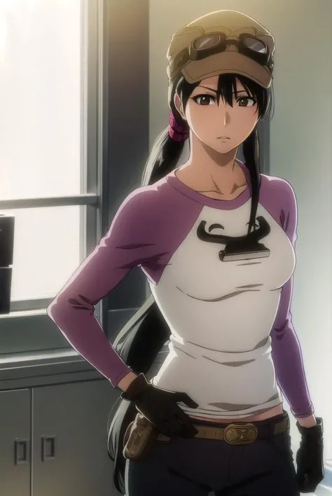 ikumiunagiya, <lora:ikumiunagiya-lora-nochekaiser:1>,
ikumi unagiya, long hair, (black hair:1.5), (brown eyes:1.5), ponytail, low ponytail,
BREAK gloves, hat, belt, pants, sunglasses, goggles, raglan sleeves, black gloves,
BREAK indoors,
BREAK looking at viewer, (cowboy shot:1.5),
BREAK <lyco:GoodHands-beta2:1>, (masterpiece:1.2), best quality, high resolution, unity 8k wallpaper, (illustration:0.8), (beautiful detailed eyes:1.6), extremely detailed face, perfect lighting, extremely detailed CG, (perfect hands, perfect anatomy),
