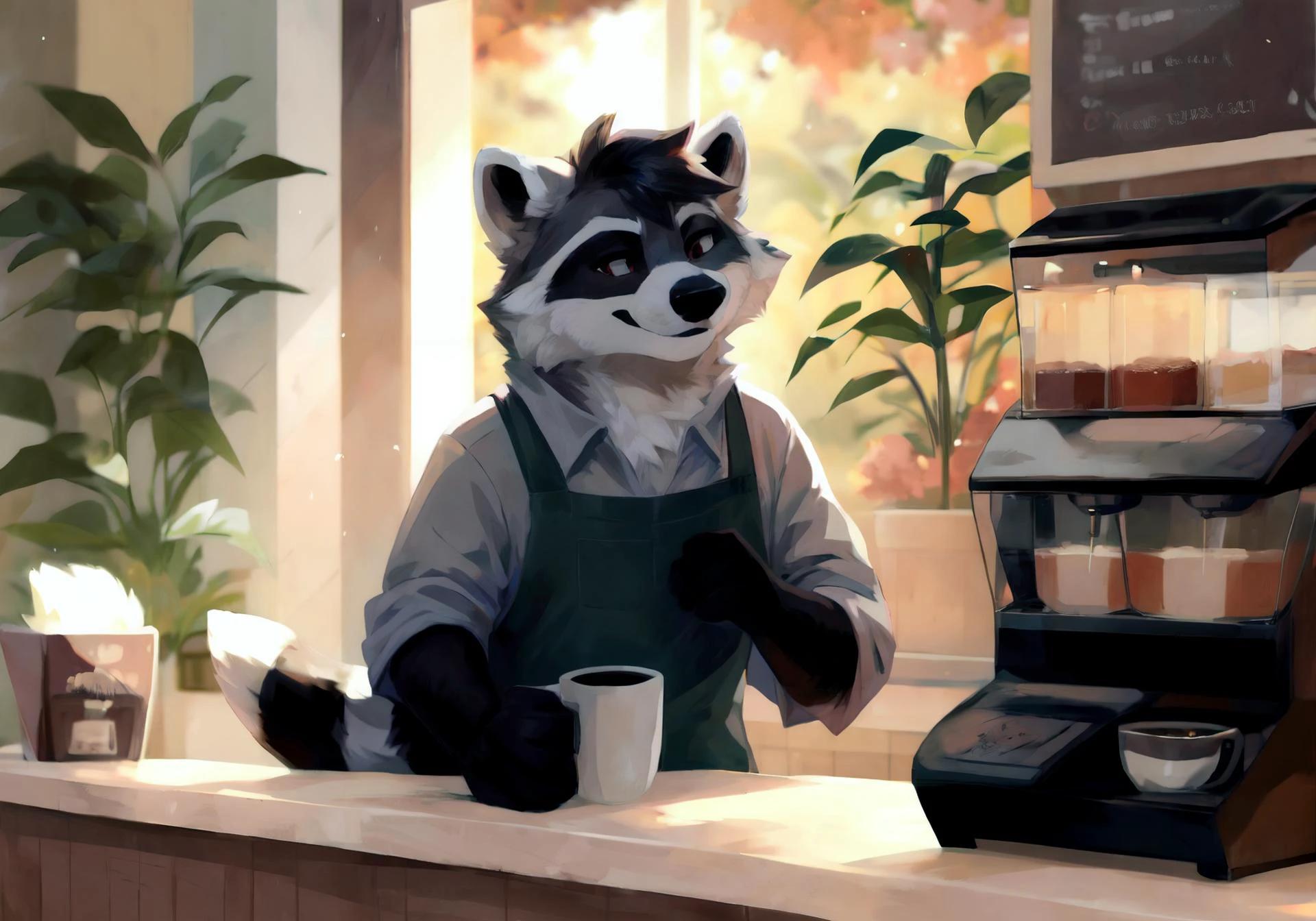 (((solo))), <lora:meeko_v11fr:0.8> Meeko, grey fur, black furred hand paws, black furred feet paws, raccoon tail, light gray highlights, barista, cafe, making coffee, cozy, warm lighting, drawing, furry art, HD, masterpiece, <lora:add_detail:0.8> <lora:fluffyrock-quality-tags-v2.1.1-vpred:0.8> best quality, high quality, counter, mugs, coffee machines, plants, window, dim lighting, atmospheric, detailed, green fabric, <lora:EmerarudoShika:0.8>