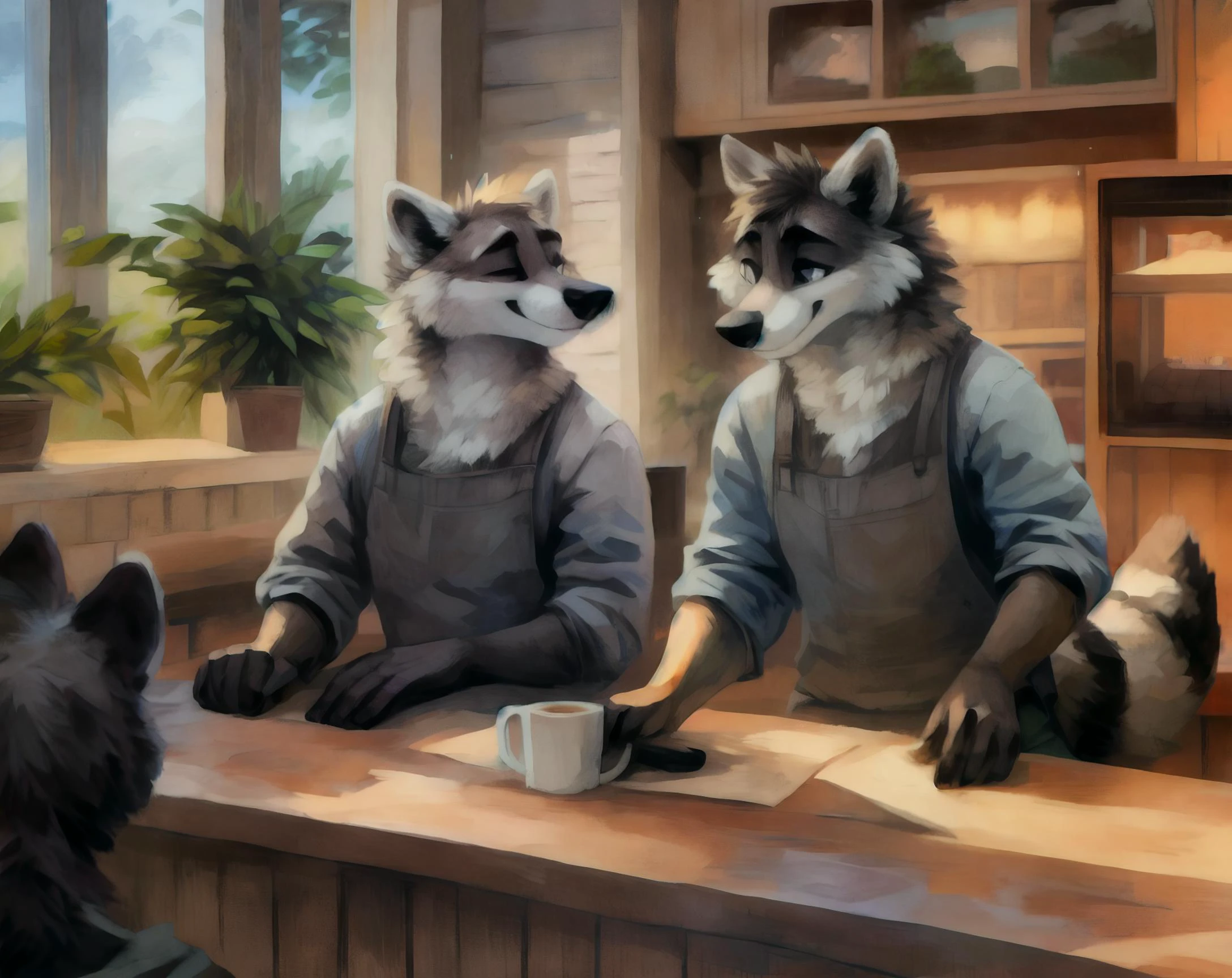 uploaded on e621, (fur by Alexalaz), ((by Kenket)), (((solo))), <lora:meeko_v11fr:0.8> Meeko, grey fur, black furred hand paws, black furred feet paws, raccoon tail, light gray highlights, barista, cafe, making coffee, cozy, warm lighting, drawing, furry art, HD, masterpiece, <lora:add_detail:0.8> <lora:fluffyrock-quality-tags-v2.1.1-vpred:0.8> best quality, high quality, counter, mugs, coffee machines, plants, window, dim lighting, atmospheric, detailed, green fabric, <lora:EmerarudoShika:0.8> <lora:Jacato:0.5> jacota , good eyes, perfect eyes,