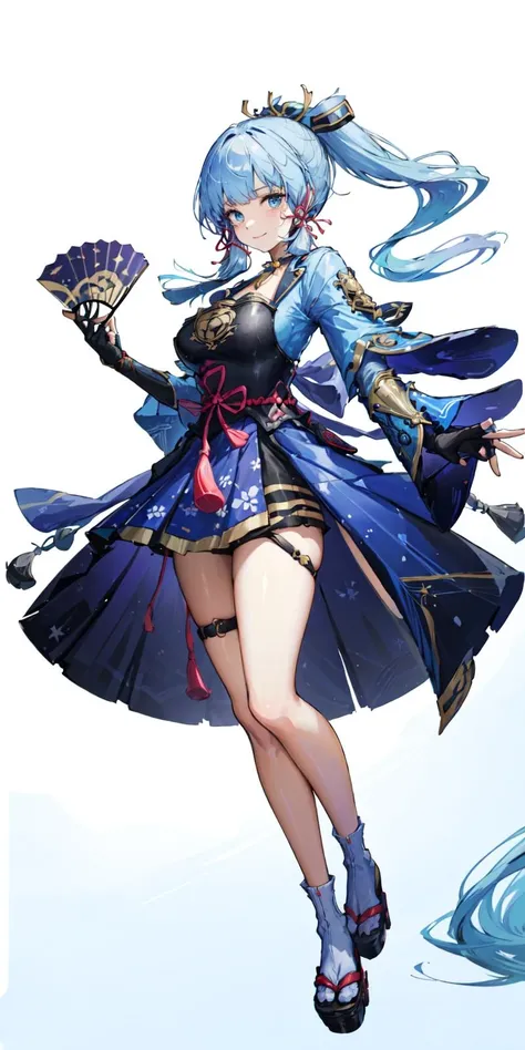 [(white background:1.5)::5], (imid shot:0.95), (full body:1.25), Dynamic angle, (falt color:1.3),colorful,
1girl, kamisato ayaka, solo, hand fan, armor, holding fan, bangs, ponytail, blunt bangs, long hair, breastplate, holding, blue eyes, arm up, full body, ribbon, folding fan, looking at viewer, hair ribbon, mole, hair ornament, japanese armor, blue hair, mole under eye, japanese clothes, smile, tabi, tress ribbon, armored dress, sidelocks, gloves, choker, skirt, standing, tassel, short sleeves, sandals, socks, closed mouth
<lora:Fashion Tachie_20230728150705-000018:0.7> <lora:kamisato_ayaka:0.8>