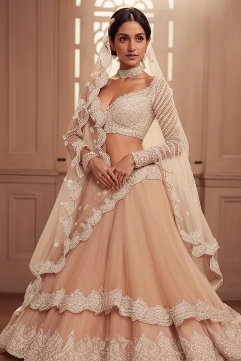 cinematic style image of p4risa_v2 wearing a layered lehenga dr3ss, embroidered, organza, lace, choker, see-through sleeves, long sleeves, choli, pearls <lora:Outfit_soph_CholiLehengaDupatta:0.8>