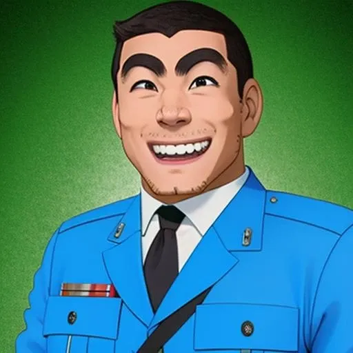 k4nk1ch1 man, <lora:k4nk1ch1 -000059:0.9>  grin, police uniform, black eyes