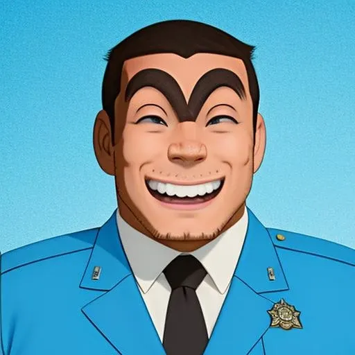 k4nk1ch1 man, <lora:k4nk1ch1 -000059:0.9> grin, police uniform, black eyes, connected eyebrow