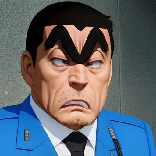 k4nk1ch1 man, <lora:k4nk1ch1 -000059:0.9> angry, police uniform, black eyes, connected eyebrow