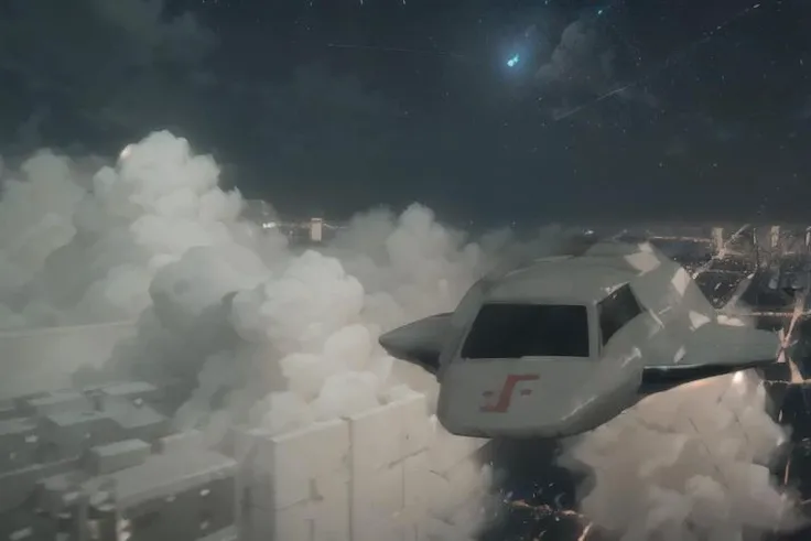 analog gloomy aerial photo of an (aircraft, <lora:v5kyf1ght3r:1>), ((nighttime)), (flying low through a city on fire at night), (explosions in the background), High Detail, Sharp focus, (photorealism), realistic, best quality, 8k, award winning, dramatic lighting, epic, cinematic, masterpiece, rim light, (action movie), war, depth of field, dutch angle, motion blur,