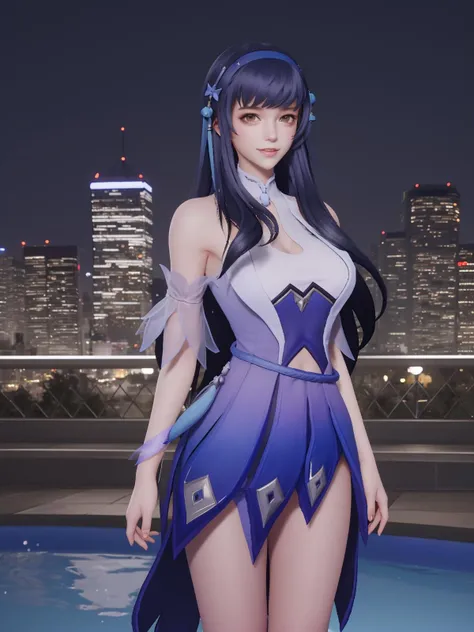 <lora:WZRYxishiYP:0.75>,WZRYxishiYP, 1girl, solo, long hair,dress, bare shoulders, standing, bangs,hairband, headgear,elbow pads,sash, belt,clothing cutout, cityscape, night, looking at viewer, mature female,  light smile, pool,wet,gloves,