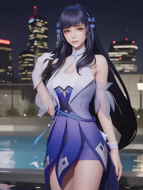 <lora:WZRYxishiYP:0.75>,WZRYxishiYP, 1girl, solo, long hair,dress, bare shoulders, standing, bangs,hairband, headgear,elbow pads,sash, belt,clothing cutout, cityscape, night, looking at viewer, mature female, light smile, pool,wet,gloves,