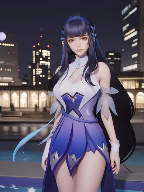 Beautiful woman, hyper detail, detailed light, perfect body, full body, purple mini dress, no tights, blue hair, very long hair, purple heels, standing, legs extended, purple heels. Airport background, plane taking off, expression of joy on the face