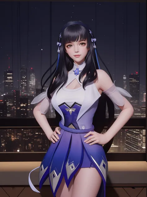 <lora:WZRYxishiYP:0.75>,WZRYxishiYP, 1girl, solo, long hair, black hair, looking at viewer,dress, hair ornament,bangs, bare shoulders,elbow pads,ribbon,hairband,cityscape, night,mature female, light smile, hand on hip, belt,window,