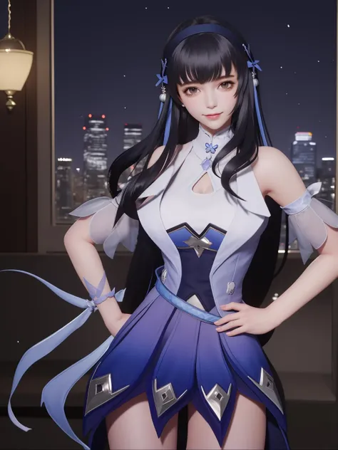 <lora:WZRYxishiYP:0.75>,WZRYxishiYP, 1girl, solo, long hair, black hair, looking at viewer,dress, hair ornament,bangs, bare shoulders,elbow pads,ribbon,hairband,cityscape, night,mature female, light smile, hand on hip, belt,window,