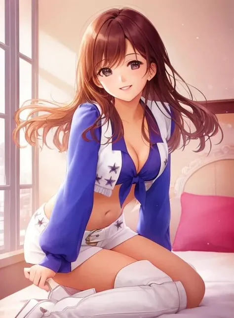 woman looking at viewer, perfect photo, bokeh, beautiful, professional, upper body smile, happy, joy, <lora:dallascowboys:0.9> small breasts, solo (in bedroom) white_shorts, cleavage, boots