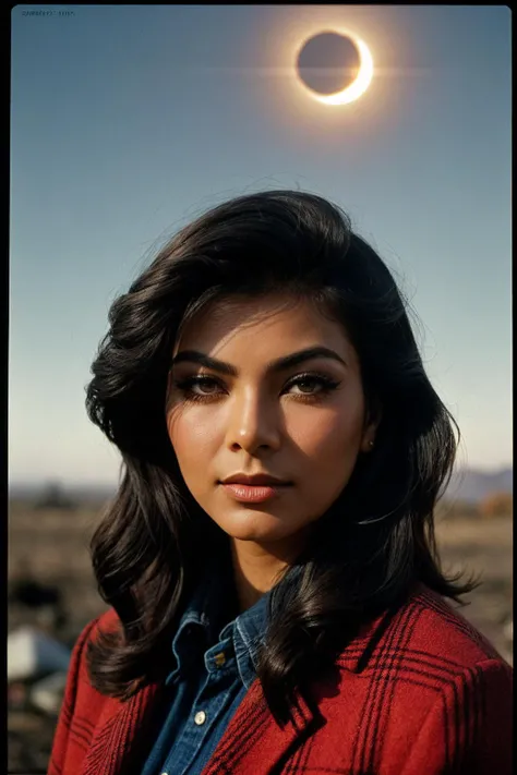 photo of (EPK1m1K4tk4r:0.99), closeup portrait, perfect hair, (modern photo, Plaid blazer, black jeans, and loafers), 24mm, (analog, cinematic, film grain:1.3), ((solar eclipse [in|at] wasteland , gradient:1.1)), ((detailed eyes)), ((eyeliner, long lashes)), (epicPhoto), long eyelashes,