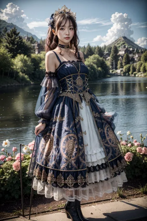 (realistic:1.3), finely detailed, quality, rembrandt lighting, (masterpiece:1.2), (photorealistic:1.2), (best quality), (detailed skin:1.3), (intricate details), dramatic, ray tracing, 1girl, japanese girl, 21 years old, detailed skin texture, (blush:0.5), (goosebumps:0.5), subsurface scattering, smiling, medium breasts, long hair curls, bangs, hair between eyes, hair ornament, choker, ribbon, bow, blue dress, long dress, lace, frills, detached sleeves, long sleeves, see-through, cxzg \(manaka nemu\), lace socks, high heels, full body, (arms at side:1.2), (strolling, bright sunny day, lake, field of flowers, sky), <lora:Dress No.4 V3 cxzg:0.8>