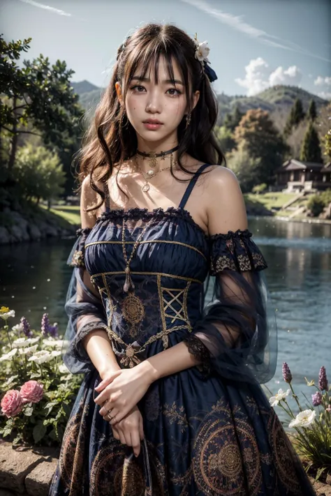 (realistic:1.3), finely detailed, quality, rembrandt lighting, (masterpiece:1.2), (photorealistic:1.2), (best quality), (detailed skin:1.3), (intricate details), dramatic, ray tracing, 1girl, japanese girl, 21 years old, detailed skin texture, (blush:0.5), (goosebumps:0.5), subsurface scattering, smiling, medium breasts, long hair curls, bangs, hair between eyes, hair ornament, choker, ribbon, bow, blue dress, long dress, lace, frills, detached sleeves, long sleeves, see-through, cxzg \(manaka nemu\), cowboy shot, (arms at side:1.2), (bright sunny day, lake, field of flowers, sky), <lora:Dress No.4 V3 cxzg:0.8>