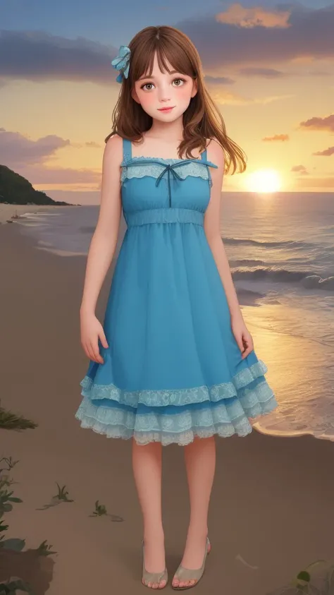 duckerica 1girl solo beautiful face realistic long hair brown hair brown eyes full body cxzg blue dress <lora:DuckErica:0.5> <lora:Dress No.4 V3 cxzg-000008:0.5> BREAK beach sunset