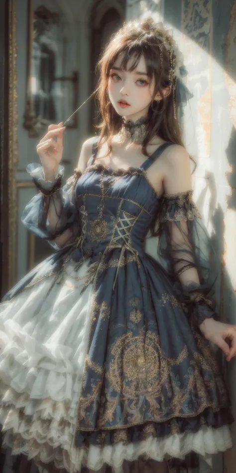 (best quality, masterpiece), 1girl, brunette, ponytails, seductive eyes, intricate details, off shoulder, skirt, choker, frills, ((see-through)), looking at viewer, blushing, upper body, blurry background, floral print, contrapposto