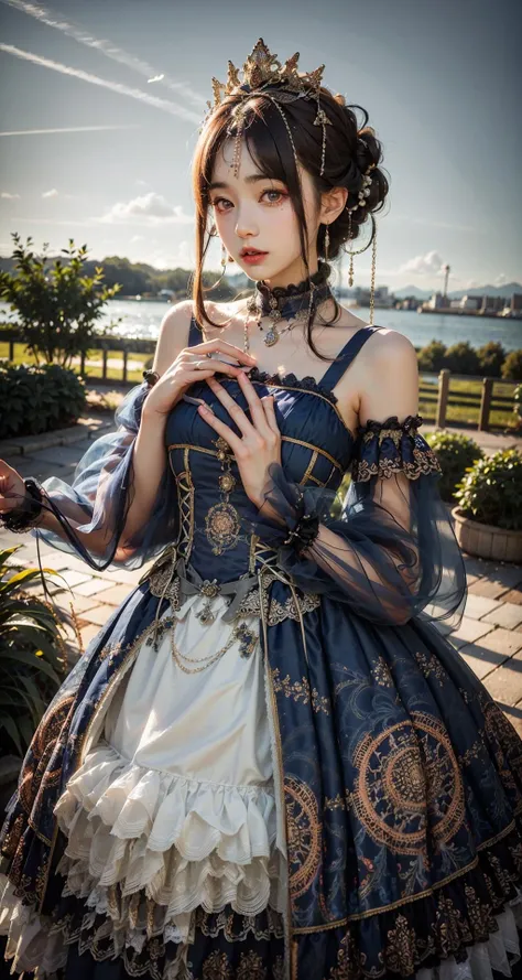 best quality, ultra high res, (photorealistic:1.4), masterpiece, highres, original, extremely detailed wallpaper, 
lawn, sky, 
1girl, solo, cxzg \(manaka nemu\), blue dress, 
hand on another's chest, <lora:è´é¢neg4all_bdsqlsz:0.8>,