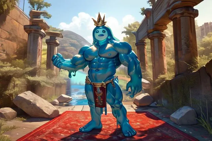 a masterpiece, the highest quality,rippley, goo creature, goo humanoid, muscular male,posing , detailed background,loincloth,crown,Trident,Roman ruins