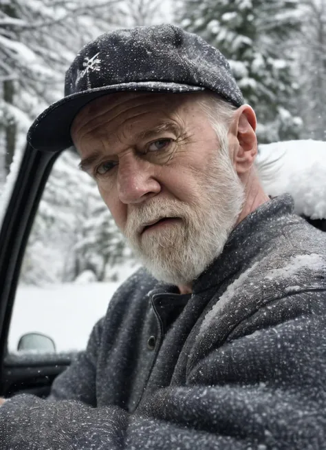 RAW photo of a sks person, sitting in outdoor car ,winter ,snowy , ((wearing cap)), (detailed face), grunge, ((visual kai)),  ((full body)), (high detailed skin:1.2), 8k uhd, dslr, soft lighting, high quality, film grain, Fujifilm XT3, <lora:locon_georgecarlin_v1_from_v1_64_32:1.25>