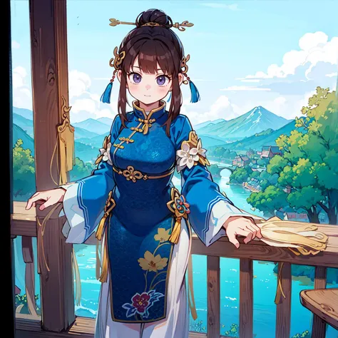 masterpiece, anime screencap, 1 girl, solo, brown hair, top knot, blue clothes, chinese clothes, full body, outdoors, valley, cowboy shot   <lora:Mu tian:1>