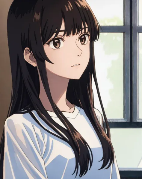 1girl, bangs, black_eyes, black_hair, blurry, blurry_background, blurry_foreground, breasts, brown_eyes, collarbone, depth_of_field, indoors, long_hair, looking_to_the_side, parted_lips, shirt, sidelocks, solo, upper_body, white_shirt <lora:chara_AnzuHanashiro:0.8>