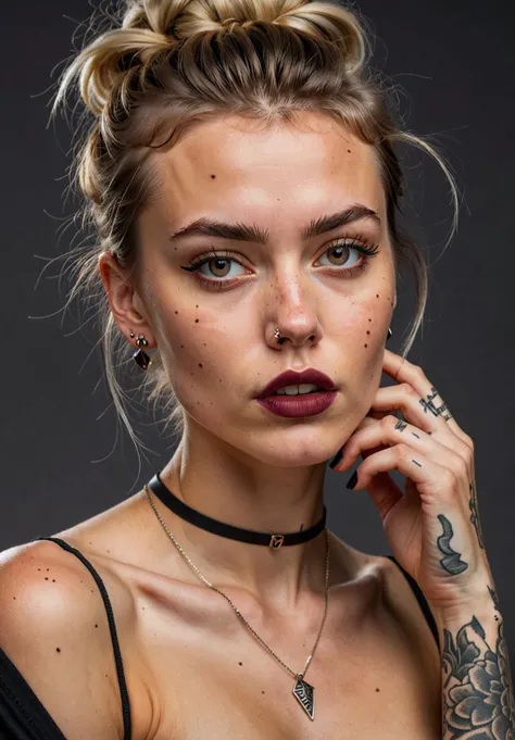 (photorealistc, uhd, 8k) ,cum on forehead, cum on face:1, bukkake:1.2, facial:1, new wave girl with silver-black messy bob hair, neck tattoo, wearing a virgin killer sweater, very small rocket tits, puffy nipples