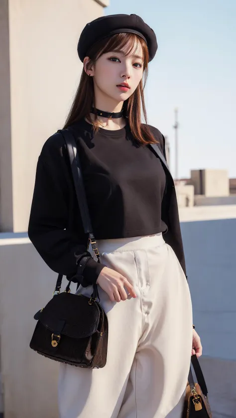 (skindentation:1.2), (realistic:1.1), best quality, photorealistic, 1girl, wearing black t-shirt, jacket, white pants, choker, light brown beret, Bag, streets, studio soft light, rim light, urban, (detailed background:1.2), (wide hip:1.1), look at the viewer, (pureerosface v1:0.2), Louis Vuitton Leather, Burberry plaid, <lora:burberry_v0.6:0.5>