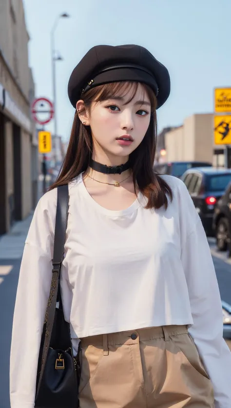 (skindentation:1.2), (realistic:1.1), best quality, photorealistic, 1girl, wearing black t-shirt, jacket, white pants, choker, light brown beret, Bag, streets, studio soft light, rim light, urban, (detailed background:1.2), (wide hip:1.1), look at the viewer, (pureerosface v1:0.2), Louis Vuitton Leather, Burberry plaid, <lora:burberry_v0.6:0.5>