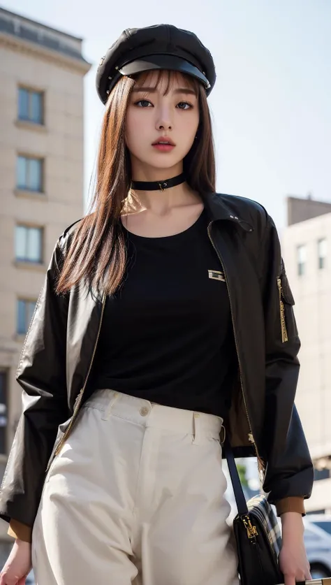 (skindentation:1.2), (realistic:1.1), best quality, photorealistic, 1girl, wearing black t-shirt, jacket, white pants, choker, light brown beret, Burberry Bag <lora:burberry_v0.6:0.5>, streets, studio soft light, rim light, urban, (detailed background:1.2), (wide hip:1.1), look at the viewer, (pureerosface v1:0.2)