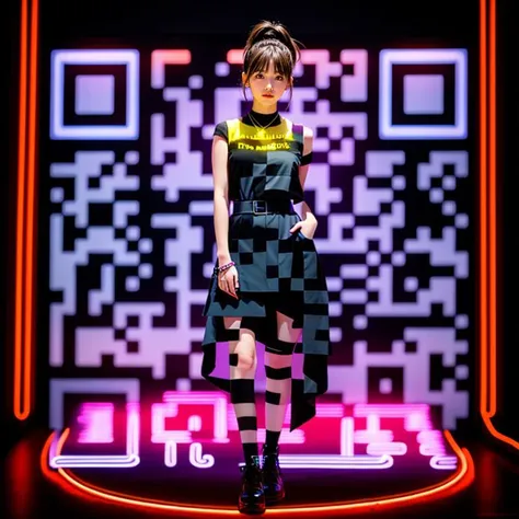 1girl , 8k  , Asymmetrical haircut , neon lights, Lean body type , full body , best lighting ,RAW photo , best quality , masterpiece , cute , [25+ years old:0.8] [25+ years old:0.8]<lora:add_detail:0.5>,<lora:maid_cosplay:0.8>