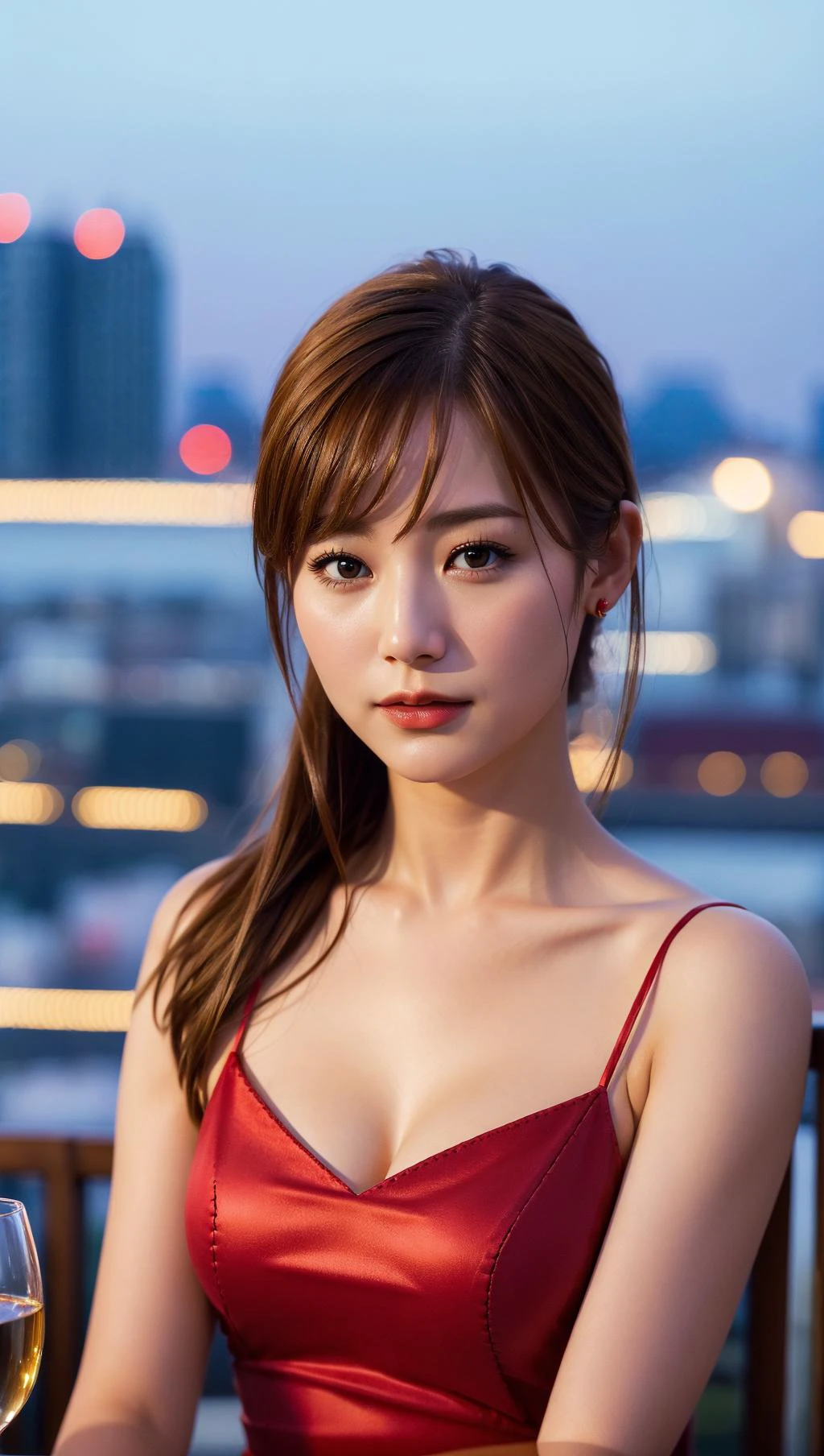 (skindentation:1.2), (realistic:1.1), best quality, photorealistic, bokeh, city light, 1 girl, portrait, wearing red dress, evening, Rooftop, wine, luxury