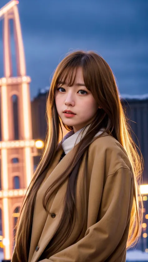 (skindentation:1.2), (realistic:1.1), best quality, photorealistic, dynamic street background, 1 girl, long hair, light brown long coat, portrait, dynamic pose, bokeh, depth background, cinematic light, golden gate faraway, snowing, eye level