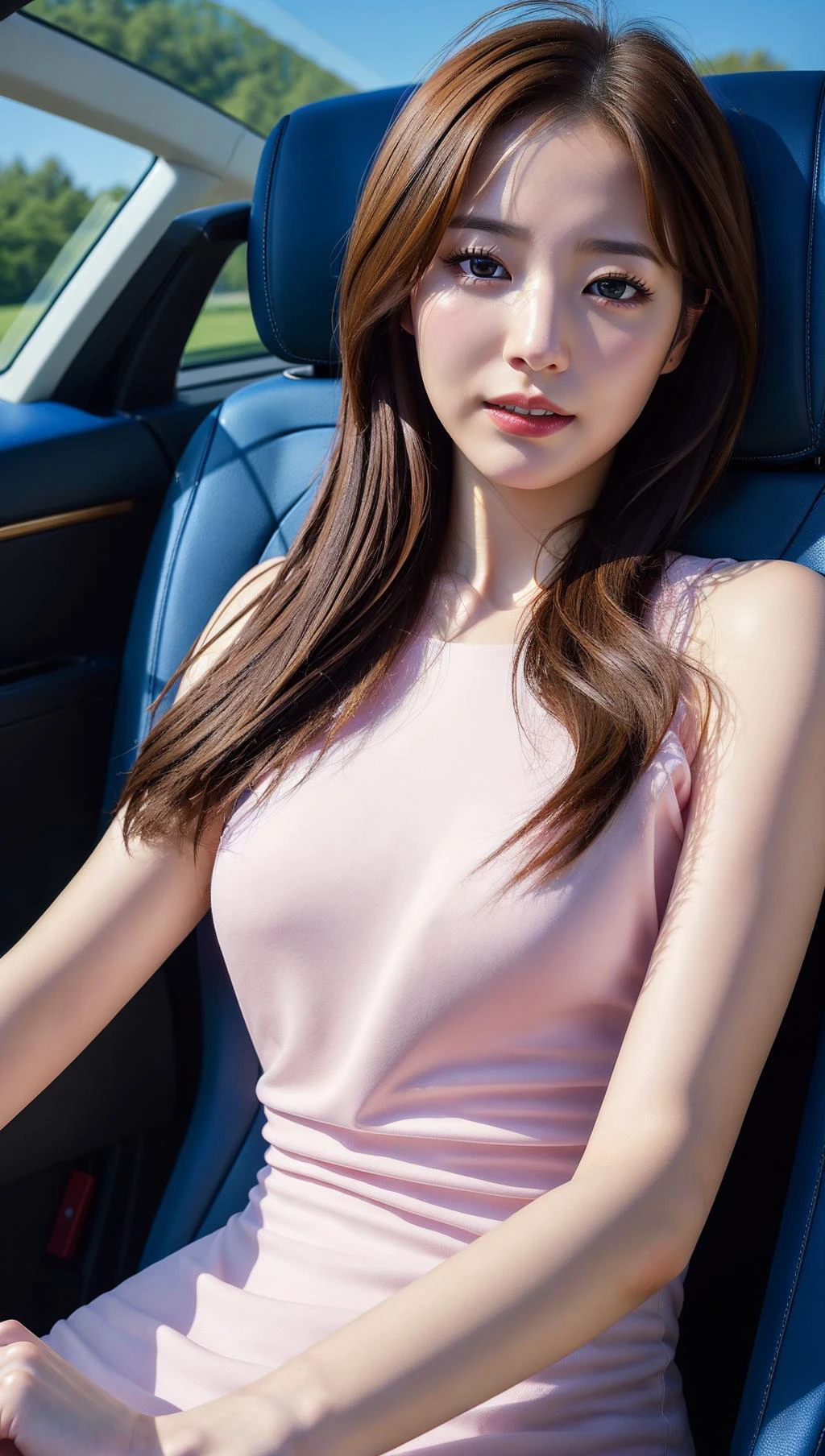 (skindentation:1.2), (realistic:1.1), best quality, photorealistic, 1 girl, convertible car, supercar, 2 seat car, long road, Seat beside the driver, trip, pureerosface v1