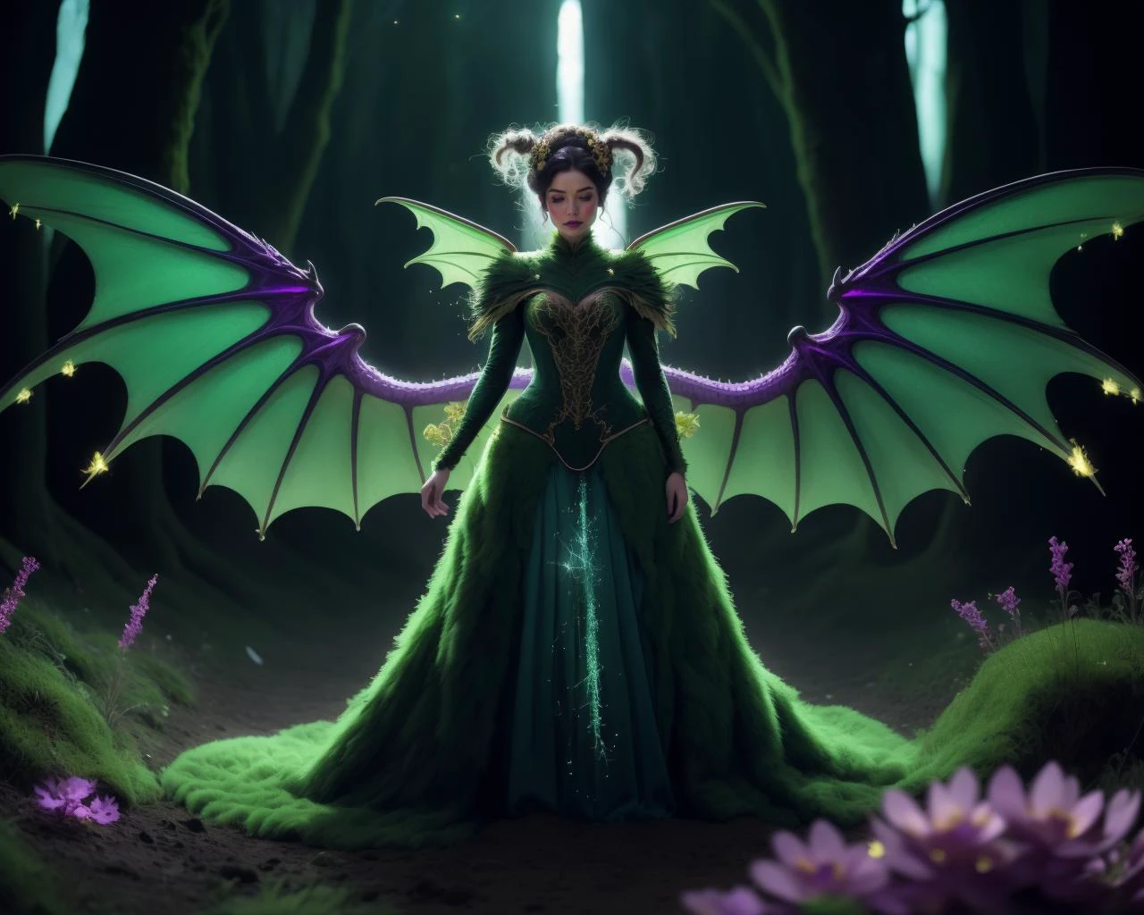 cinematic film still beautiful adult mature woman, high quality, best quality, highres, high detail, moody composition,wide angle shot, <lora:Outfit_hud-MossDress:0.65> m0ss_dr3ss ,elaborate long dress made of moss,((flowers)), standing, ((green dragon wings)), flourescent biolumescent ((violet purple magenta)) fireflies, <lora:Outfit_LucentDream:0.3> luc3nt, luminescent, glowing, sparkles, light particles primordial shaman, ((resilient)), deep earth-toned wraps,(((aqua radiance, mist, glowing))), ((primal runes)), soft teal elemental forces, backlit, remote, enchanted woodland scene, ((nature magic)), elemental essence, 8k resolution, by Andy Goldsworthy, by Ivan Shishkin . shallow depth of field, vignette, highly detailed, high budget, bokeh, cinemascope, moody, epic, gorgeous, film grain, grainy
