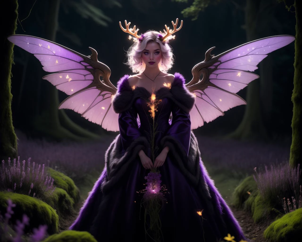 cinematic film still beautiful adult mature woman, high quality, best quality, highres, high detail, afterglow,bokeh, ((massive antlers horns)),<lora:Outfit_hud-MossDress:0.65> m0ss_dr3ss ,elaborate long dress made of moss,((flowers)), standing, ((glowing flame wings)), flourescent biolumescent ((violet purple magenta)) fireflies, <lora:Outfit_LucentDream:0.3> luc3nt, luminescent, glowing, sparkles, light particles arcane scholar, ((persistent)), pearl white tunics,(((violet flare, light wisps, shimmering))), ((scholarly glyphs)), soft lavender knowledge energy, backlighting, secluded, ancient library environment, ((wisdom magic)), esoteric elements, 8k resolution, by Leonardo da Vinci, by Rembrandt . shallow depth of field, vignette, highly detailed, high budget, bokeh, cinemascope, moody, epic, gorgeous, film grain, grainy